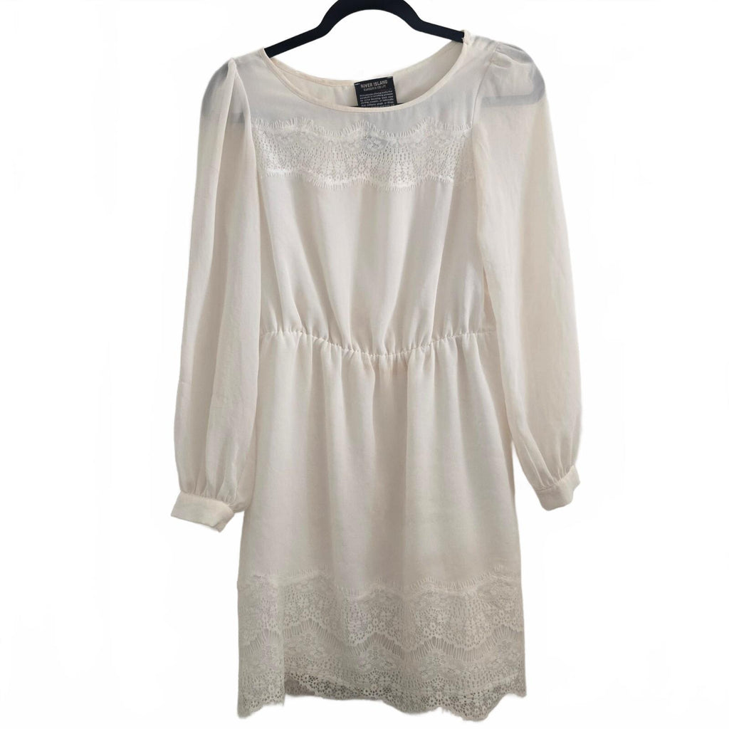 River Island Cream Lace Trim Long Sleeve Mini Boho Dress UK 8