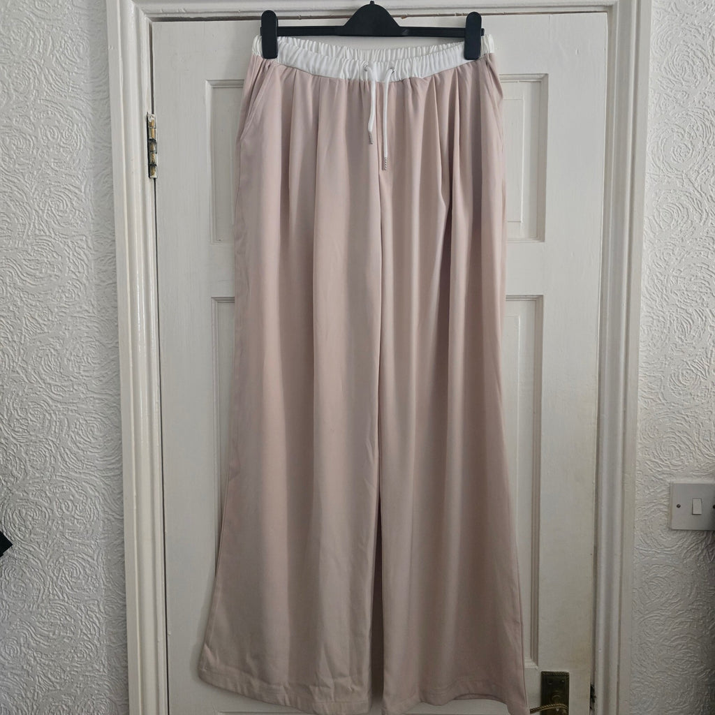 Boohoo Stone Wide Leg Trousers with White Drawstring Waistband UK 16 BNWT