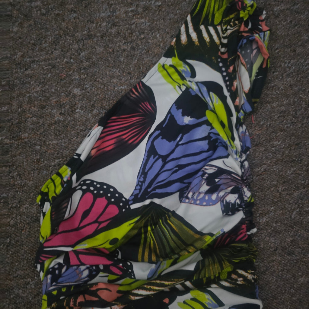 Explosion One-Shoulder Butterfly Print Ruched Dress, stretch, size 10, party