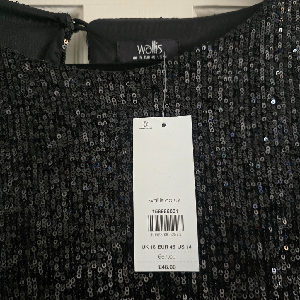 Wallis Black Sequin Long Sleeve Knee Length Dress UK 18 rrp £48 BNWT, sparkle