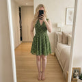 French Connection Feline Wonder A Line Dress, Size 10, Green Animal Print V Neck