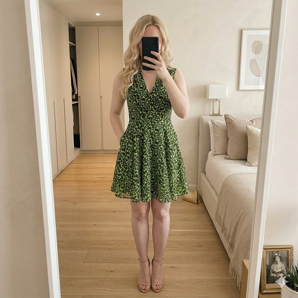 French Connection Feline Wonder A Line Dress, Size 10, Green Animal Print V Neck