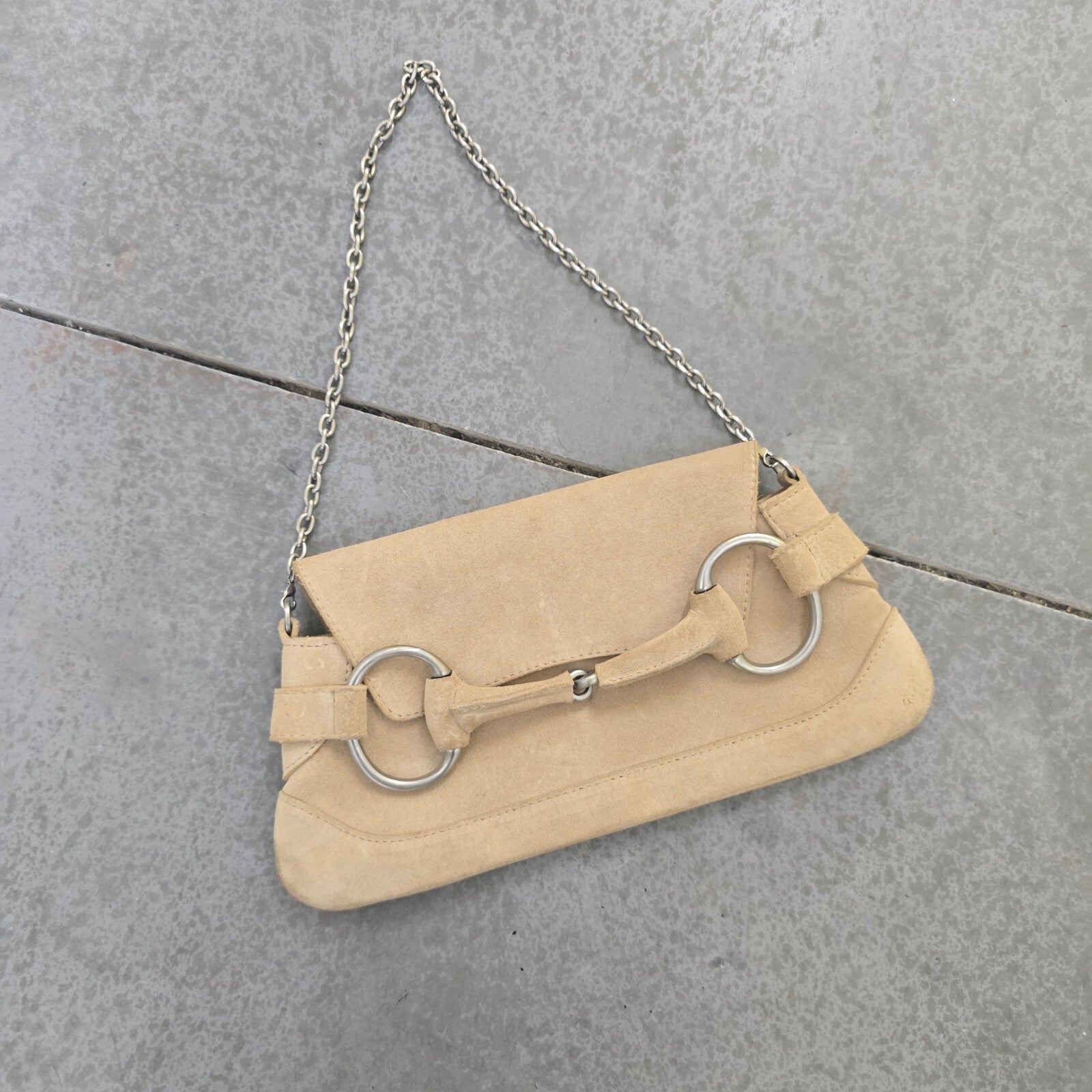 L.K. Bennett Beige Suede Chain Shoulder Baguette Bag Vintage Rare