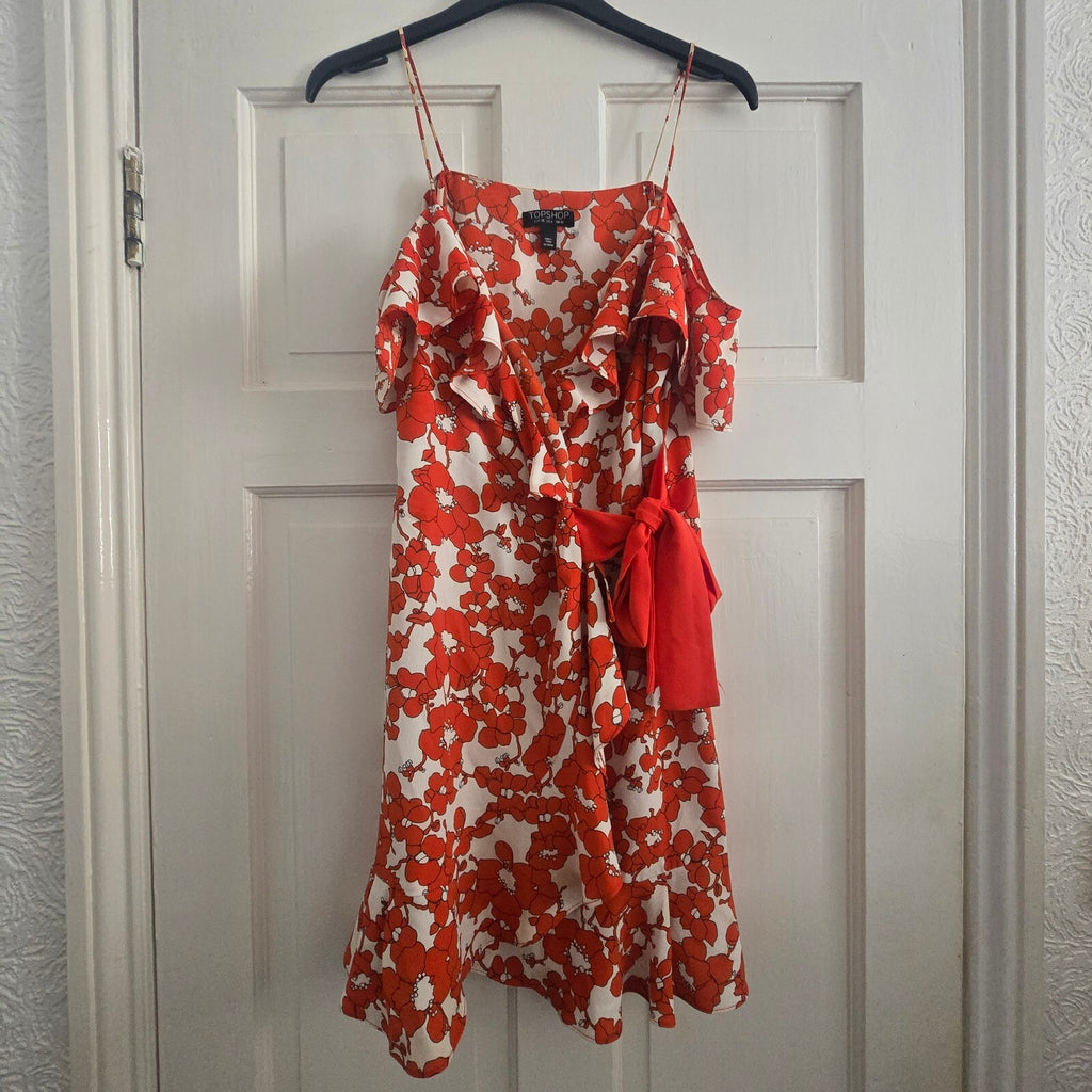 Topshop Red Floral Wrap Dress with Ruffle Detail and Tie Waist, UK 10
