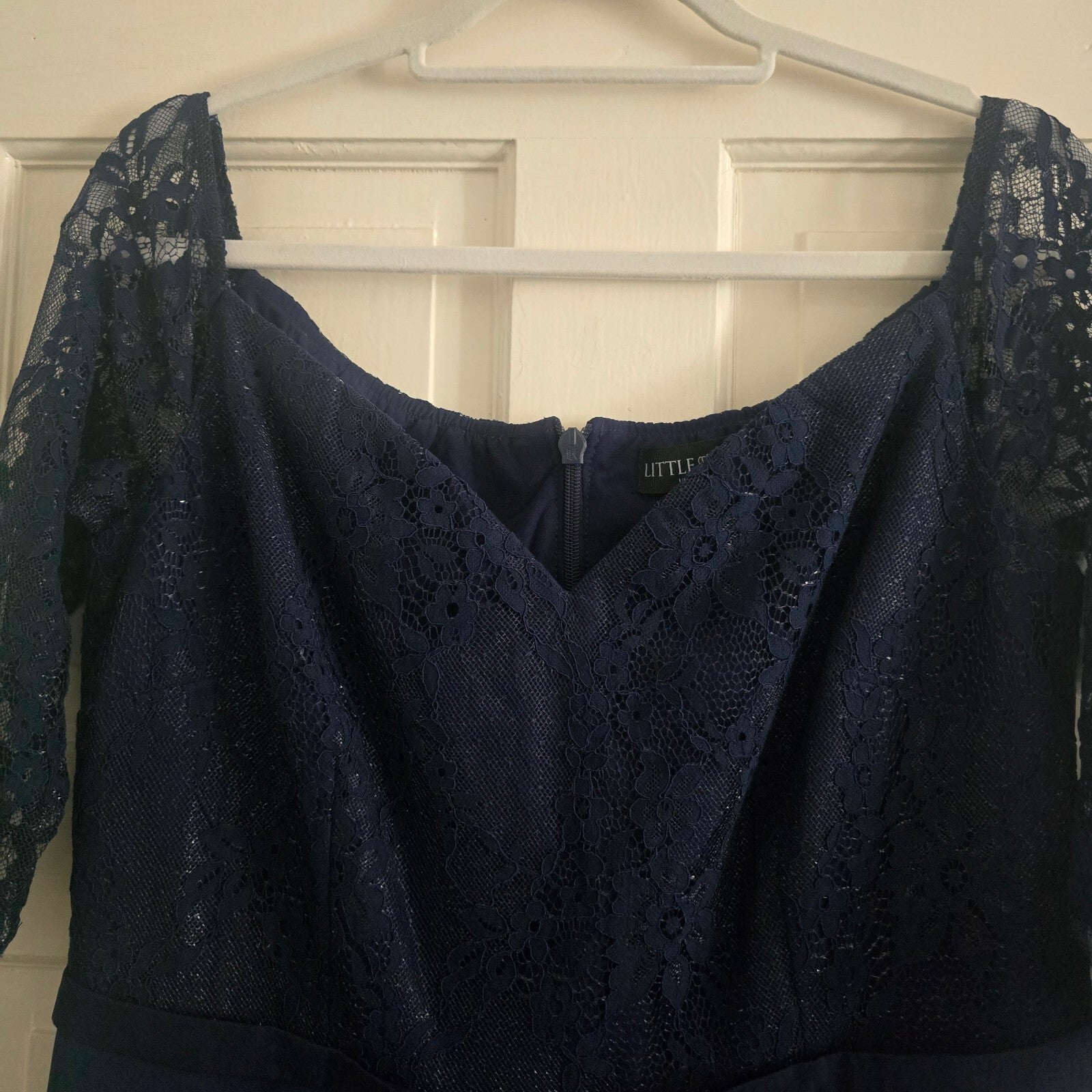 Little Mistress Navy Lace Evening Dress with Half Sleeves, BNWT, size 16