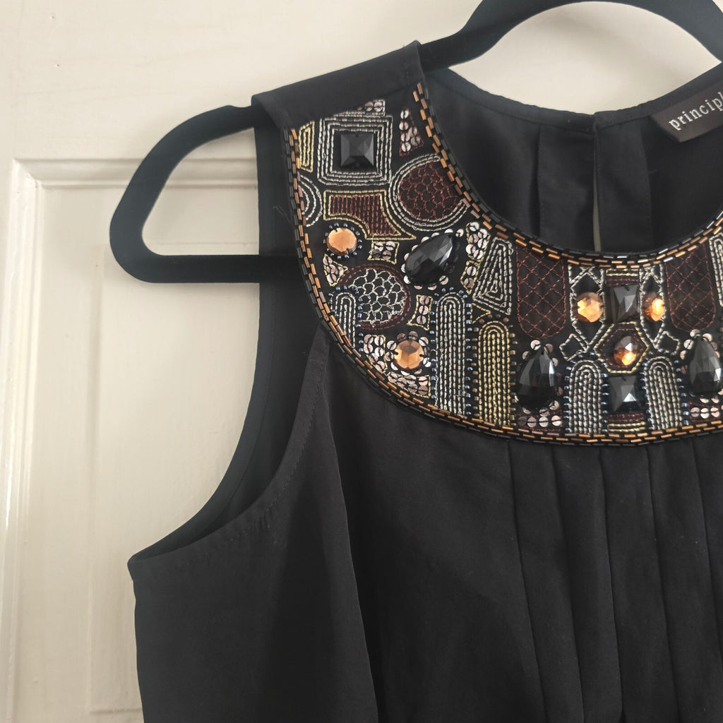 Principles Black Sleeveless Dress with Embellished Neckline, knee length, size S