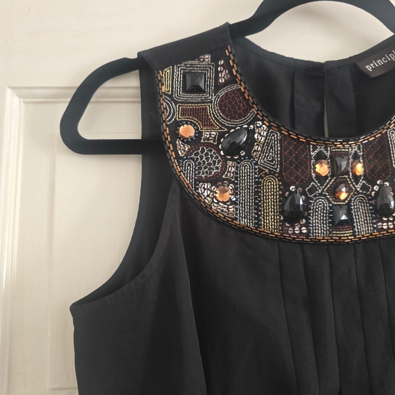 Principles Black Sleeveless Dress with Embellished Neckline, knee length, size S
