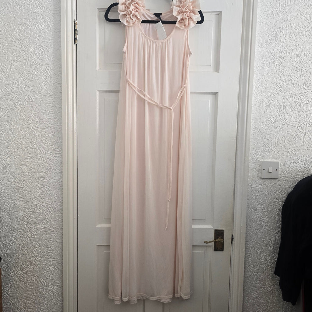 H&M Sleeveless Maxi Dress with Ruffle Shoulder Detail in Soft Pink, Size S, BNWT