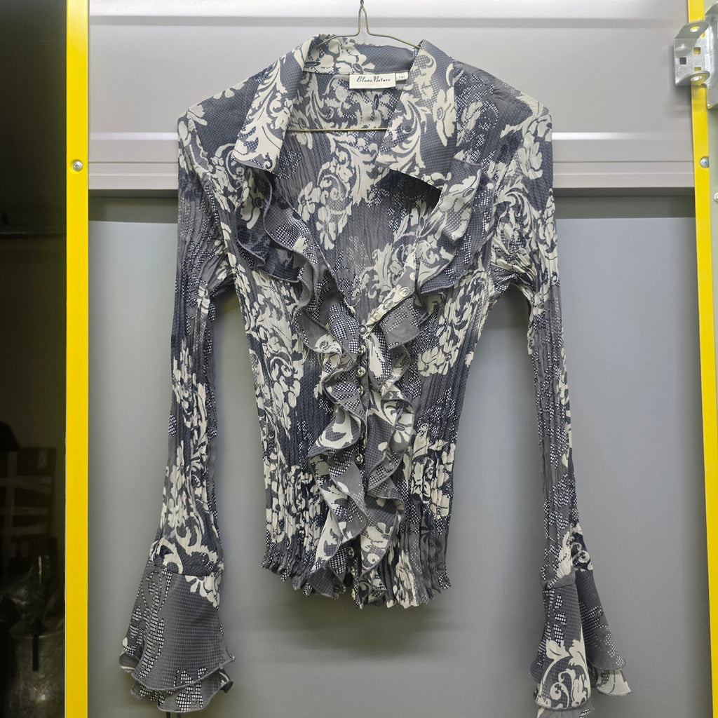 Blanc Nature Grey and White Ruffle Button-Up Blouse semi sheer vintage rare y2k