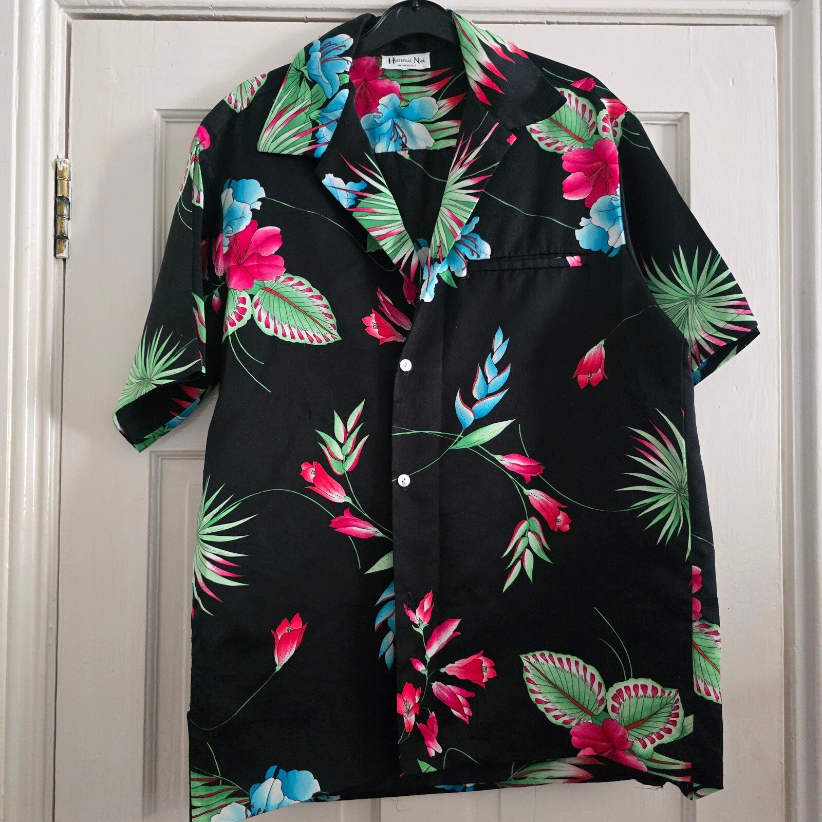 Hawaii Nei Vintage Floral Hawaiian Shirt Black with Pink and Blue Flowers, satin