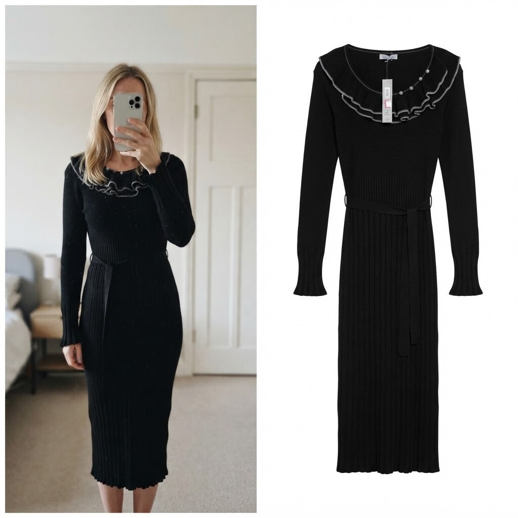 Per Una Black Ribbed Knit Midi Dress with Ruffled Collar and Belt, BNWT, size 14