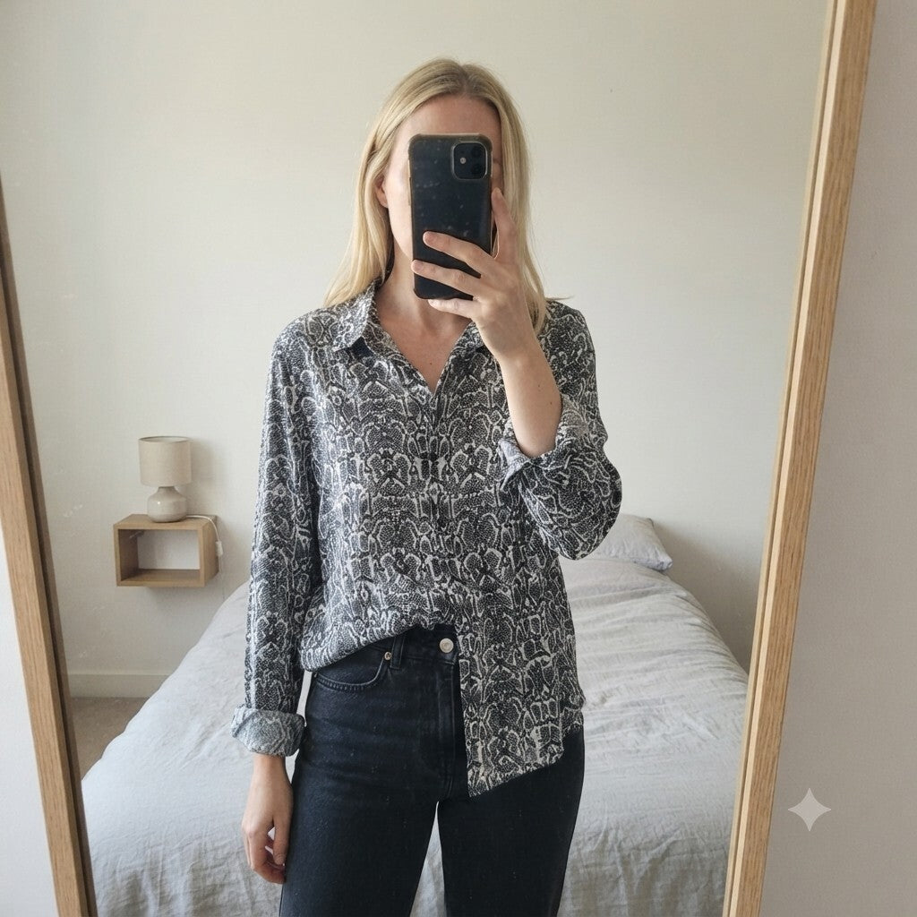 Esmara Black and White Snake Print Long Sleeve Shirt Blouse, Size 36, uk 8