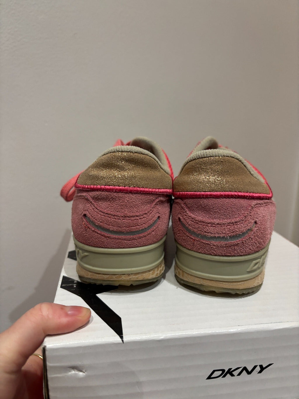 DKNY Women's Pink and Beige Suede Mesh Sneakers, trainers, size UK 5