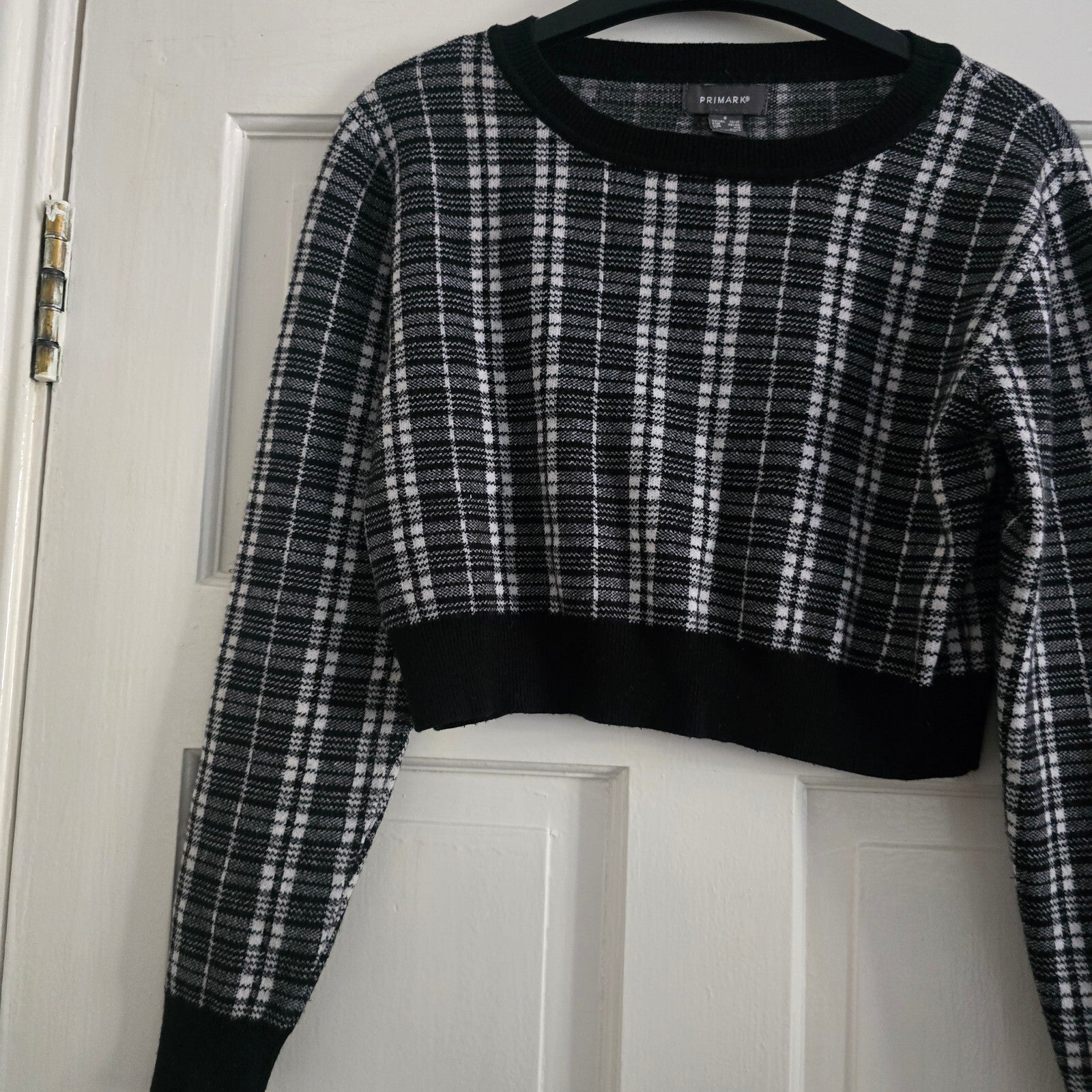 Primark Black and White Checked Cropped Knit Sweater Jumper Size S 10/12