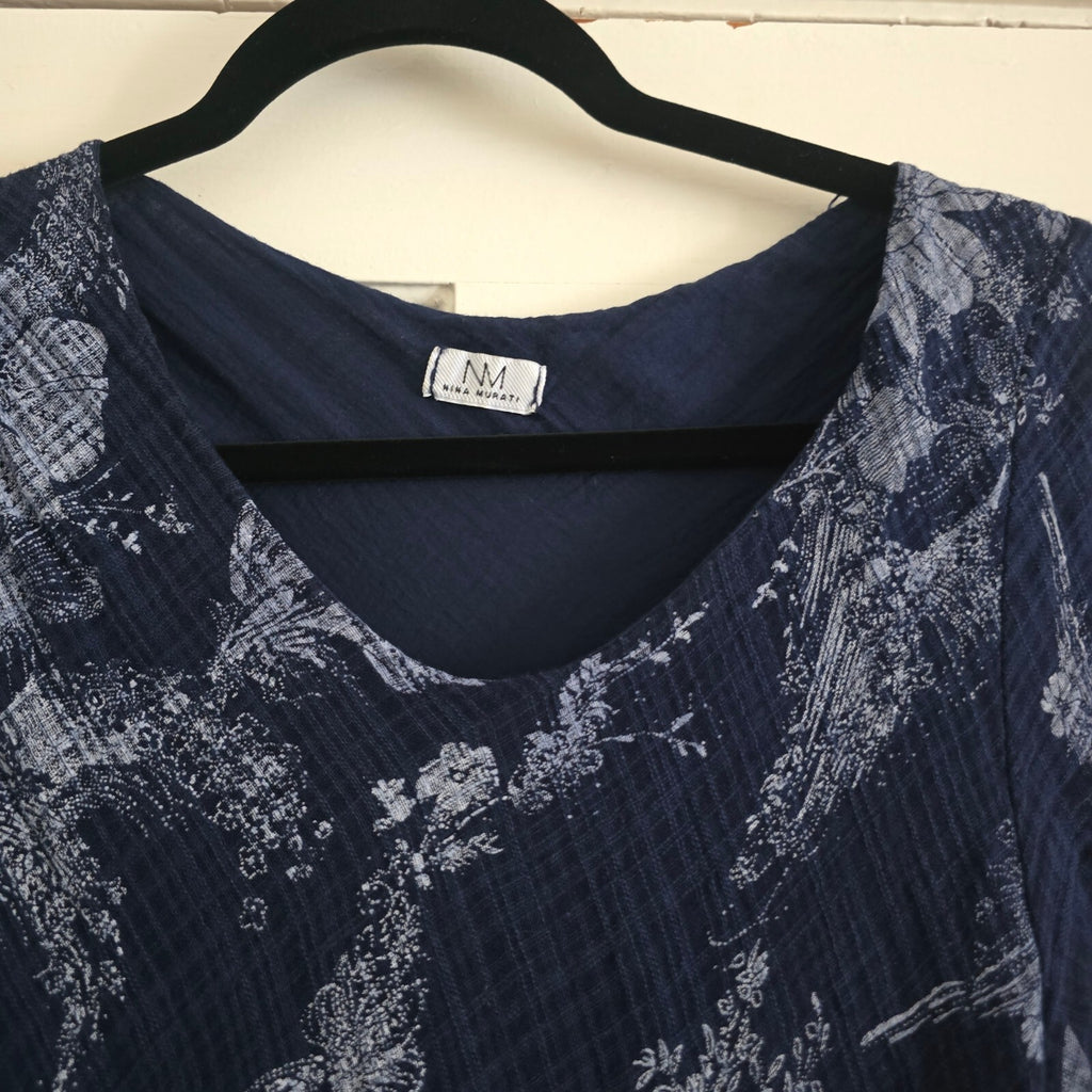 Nina Murati Navy Blue Floral Cotton Midi Dress Size S y2k
