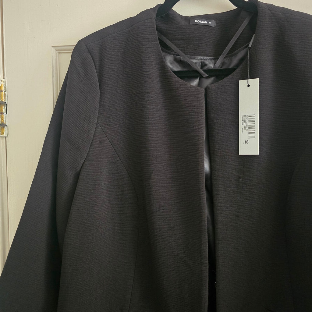 Roman Women's Black Textured Longline Coat Size 18 with Satin Lining, BNWT