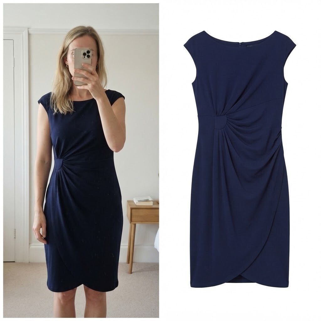 Connected Apparel Navy Blue Sleeveless Ruched Dress  with drape Size 10