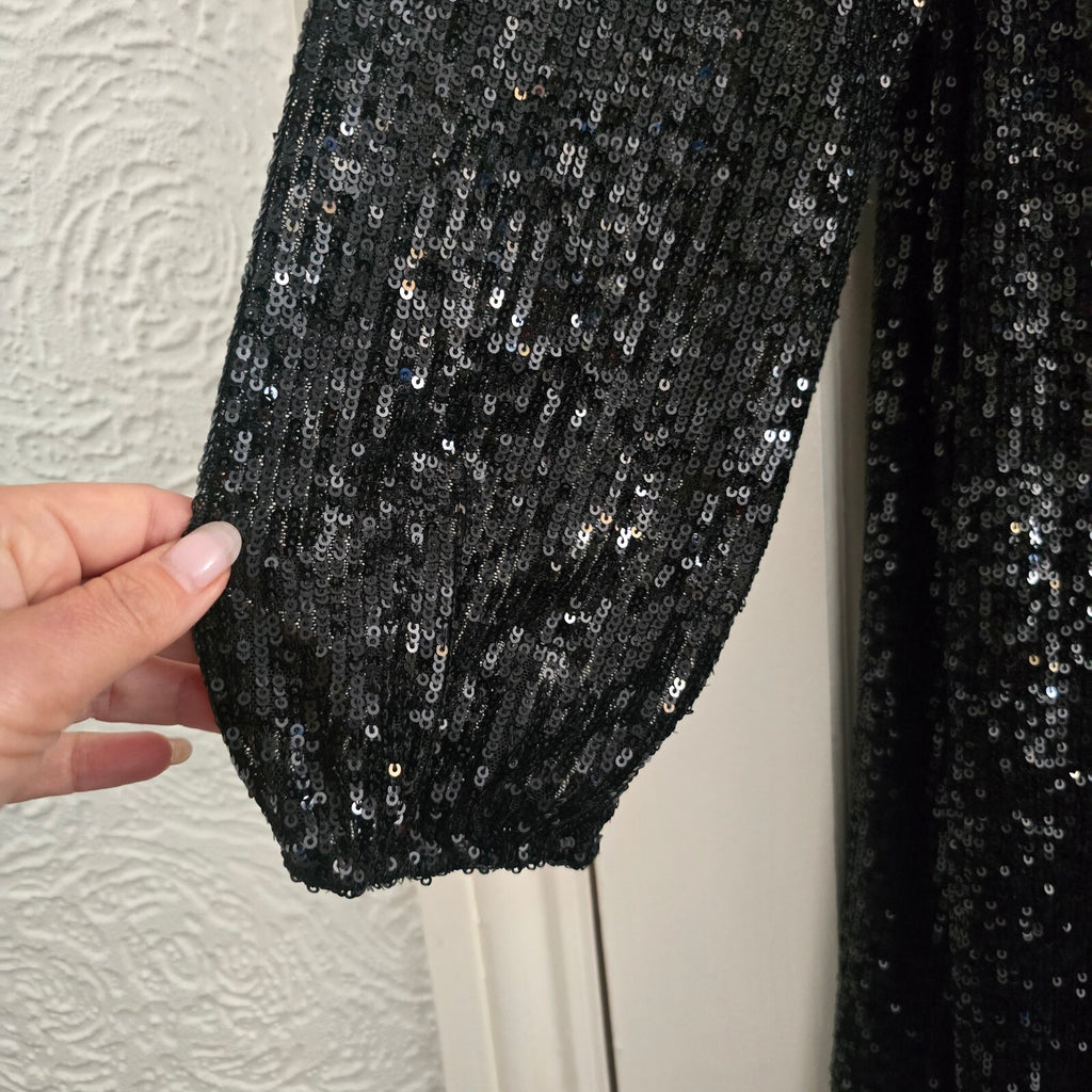 Wallis Black Sequin Long Sleeve Knee Length Dress UK 18 rrp £48 BNWT, sparkle