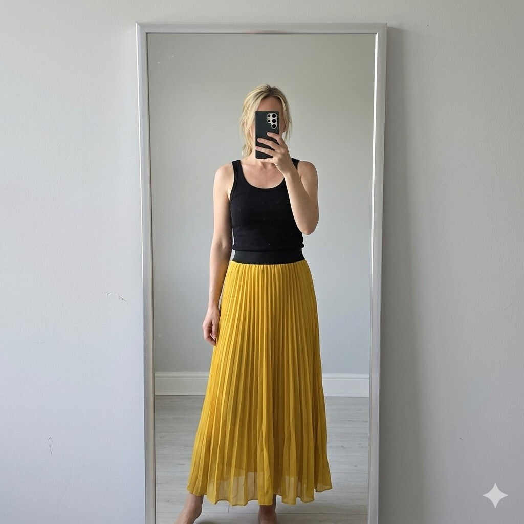 Zara Woman Mustard Yellow Pleated Maxi Skirt with Black Waistband, Size M