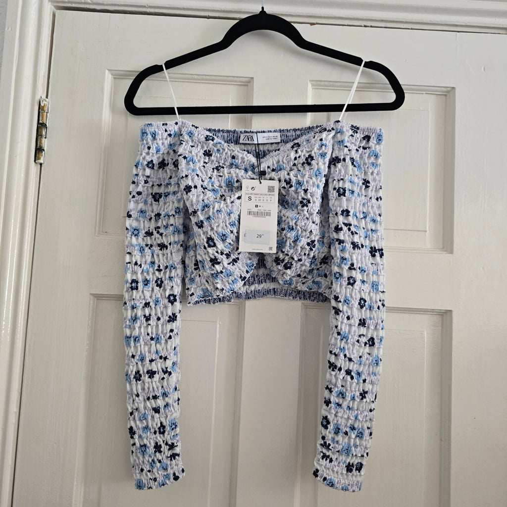 Zara Floral Smocked Off-Shoulder Crop Top Size S, BNWT, bandeau, strapless