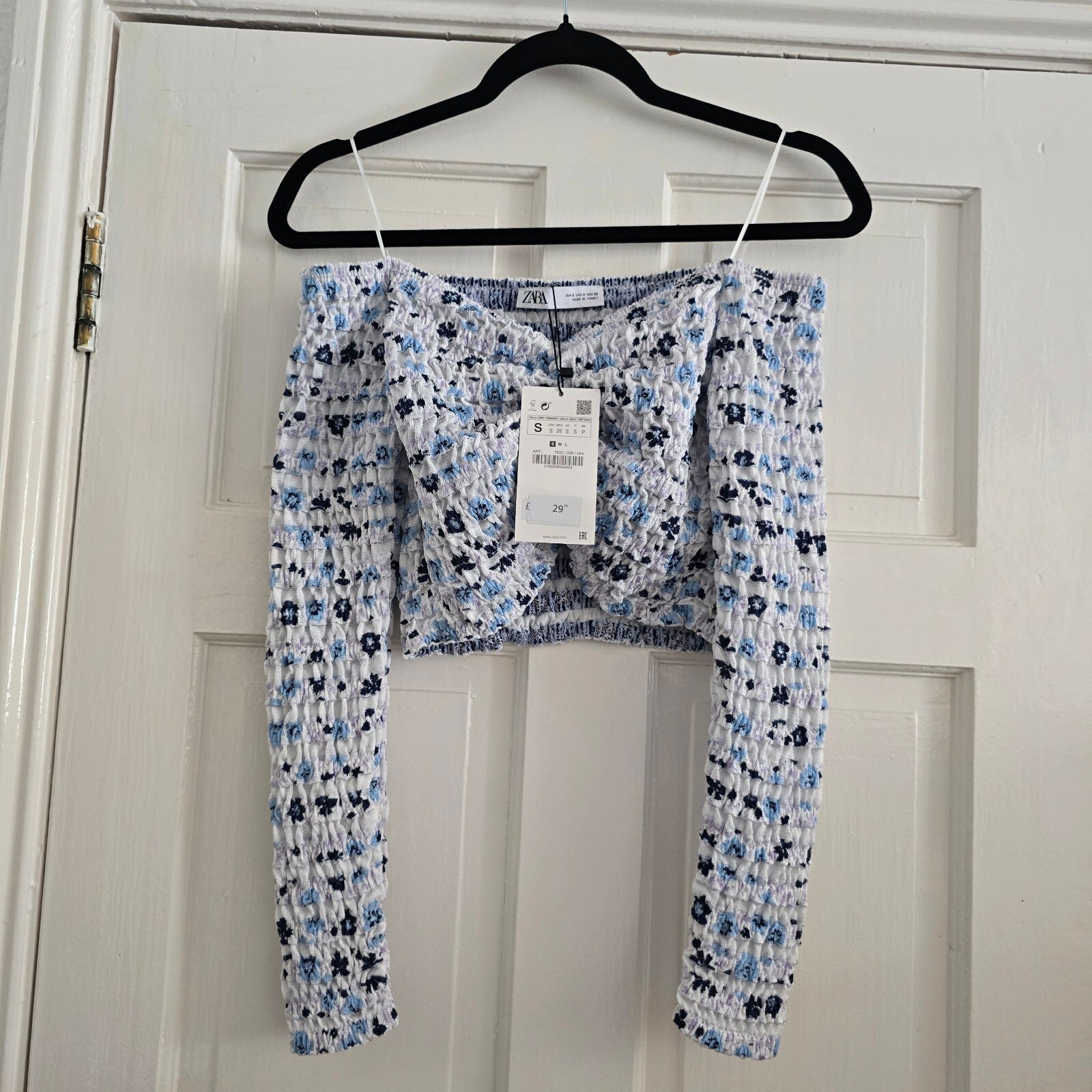 Zara Floral Smocked Off-Shoulder Crop Top Size S, BNWT, bandeau, strapless