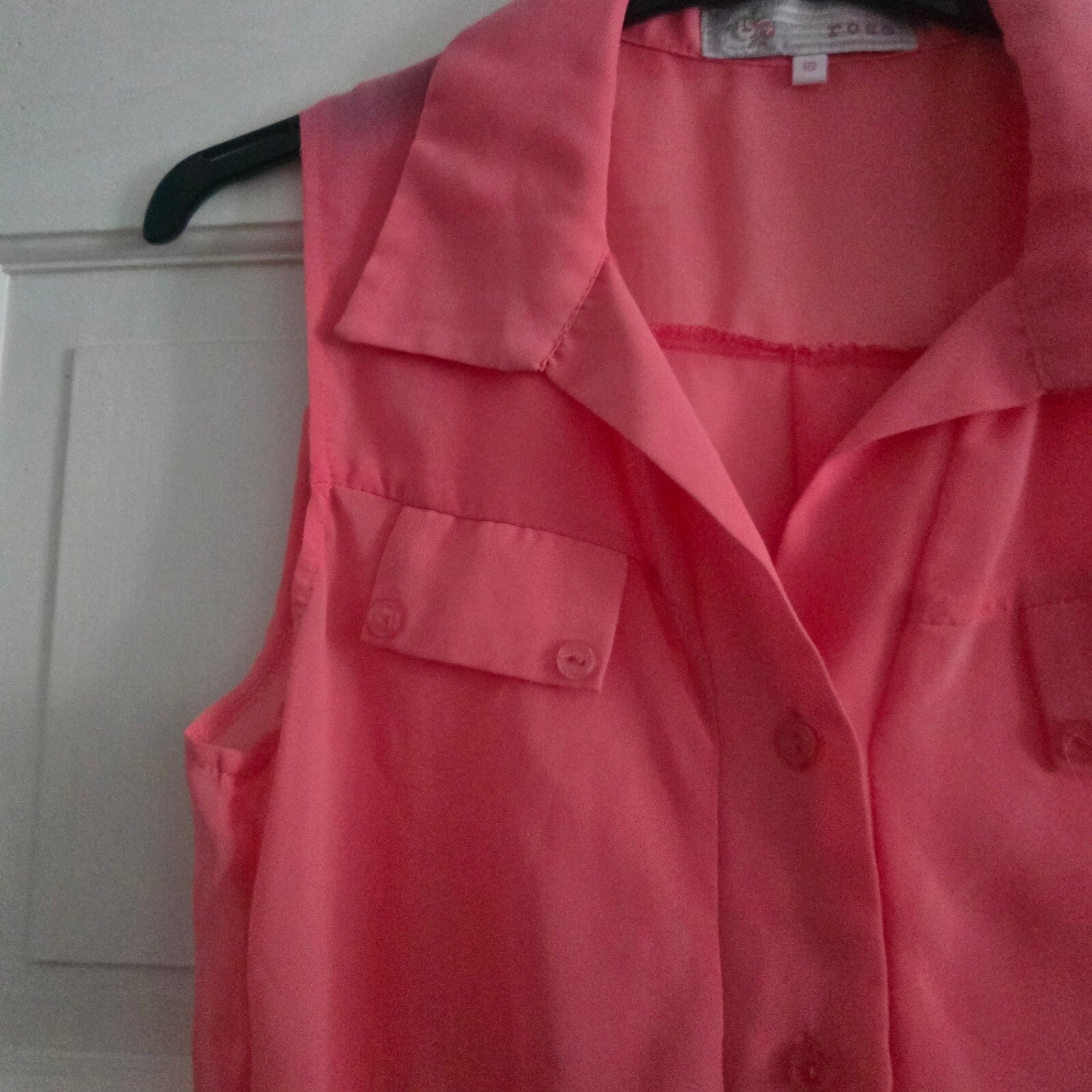 Cotton Rose Coral Sleeveless Sheer Button-Up Blouse Size 10, tie front, keyhole