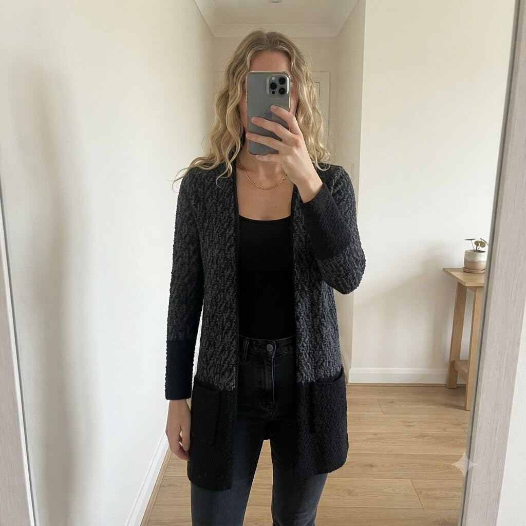 The White Company Black and Grey Merino Wool Cardigan Size UK 4, BNWT