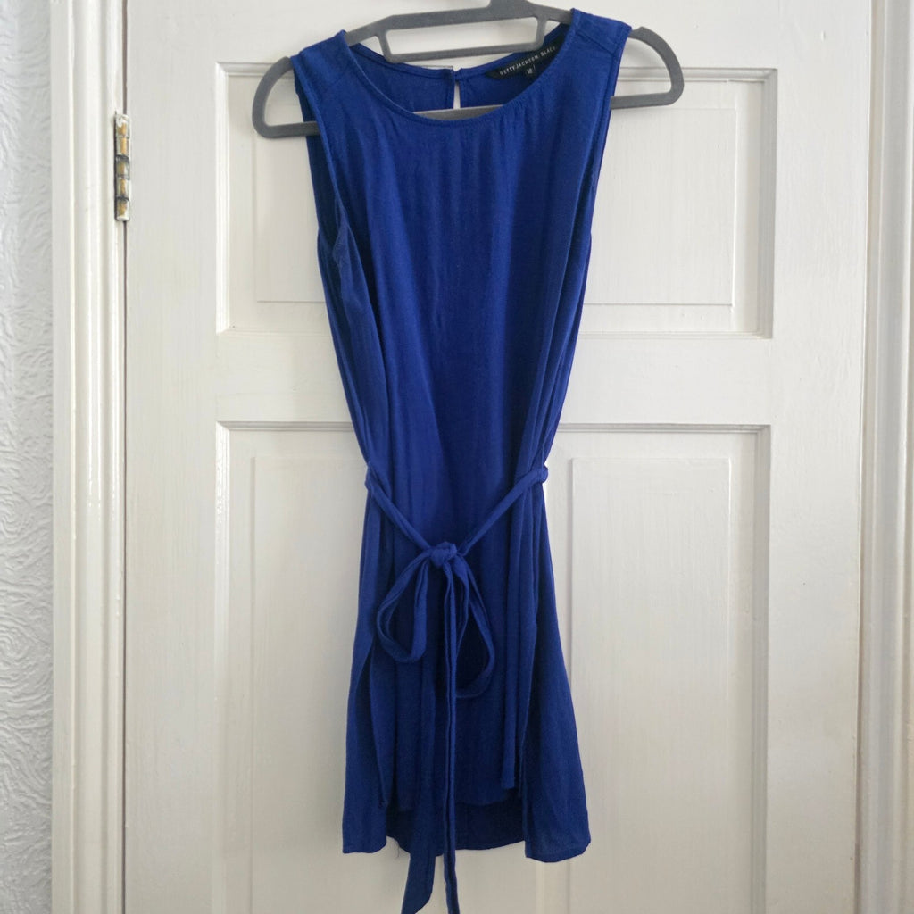 Betty Jackson Black Royal Blue Sleeveless Dress with Tie Waist Size 12