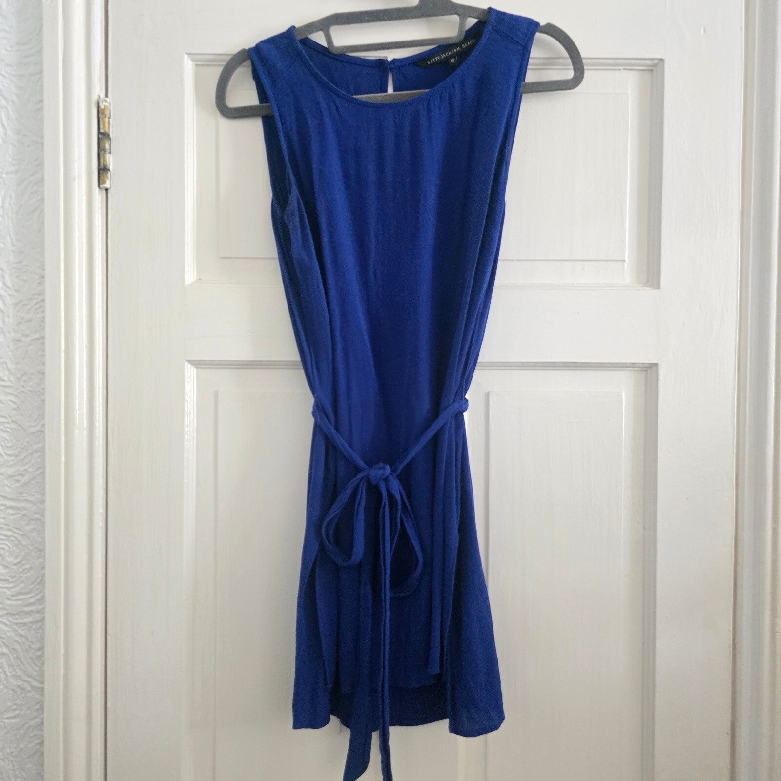 Betty Jackson Black Royal Blue Sleeveless Dress with Tie Waist Size 12