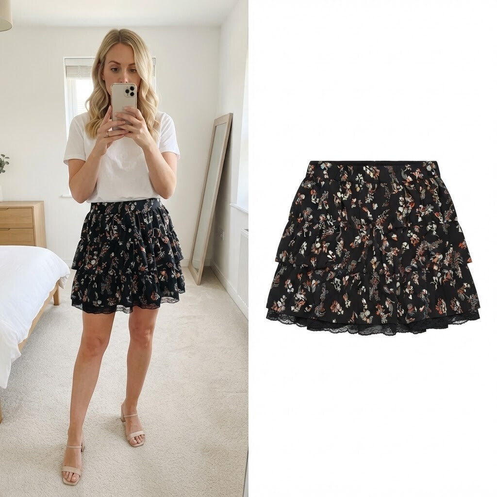 Evie Black Floral Tiered Mini Skirt with Lace Trim UK Size 10, BNWT, boho