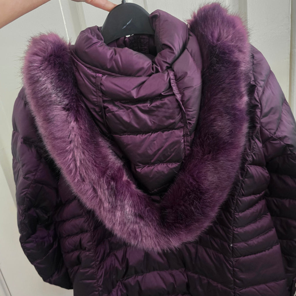 Per Una Deep Purple Puffer Jacket with Faux Fur Hood and Down lining, warm, 14