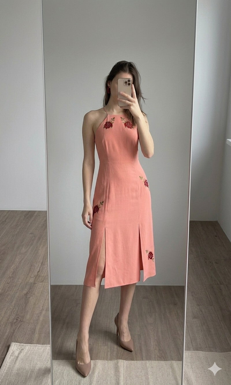 Topshop Pink Embroidered Floral Midi Dress UK 12, front splits, wedding, party