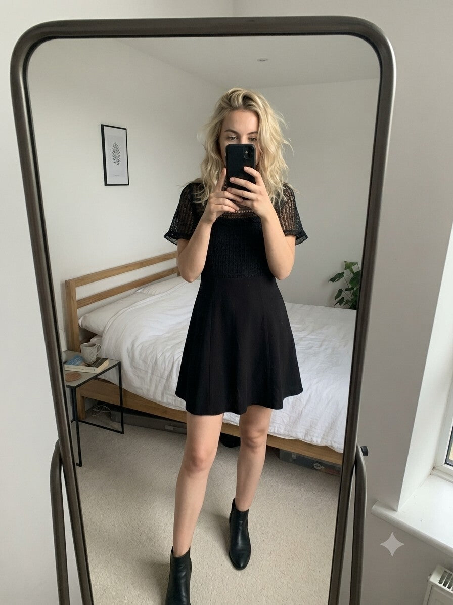 Zara Woman Black Lace and Solid Mini Dress, a line, skater, size M