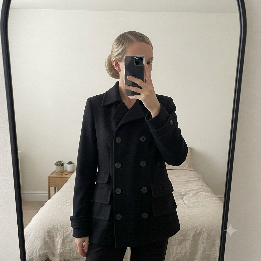 DKNY Black Double-Breasted Wool Blend Coat, cropped short trench, size 8