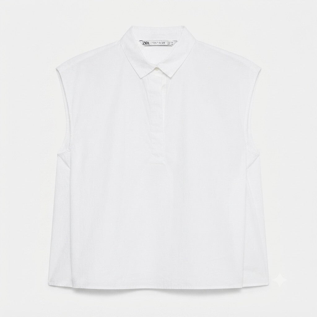 Zara Trafaluc White Sleeveless Boxy Relaxed Cotton Shirt Blouse, Size Medium
