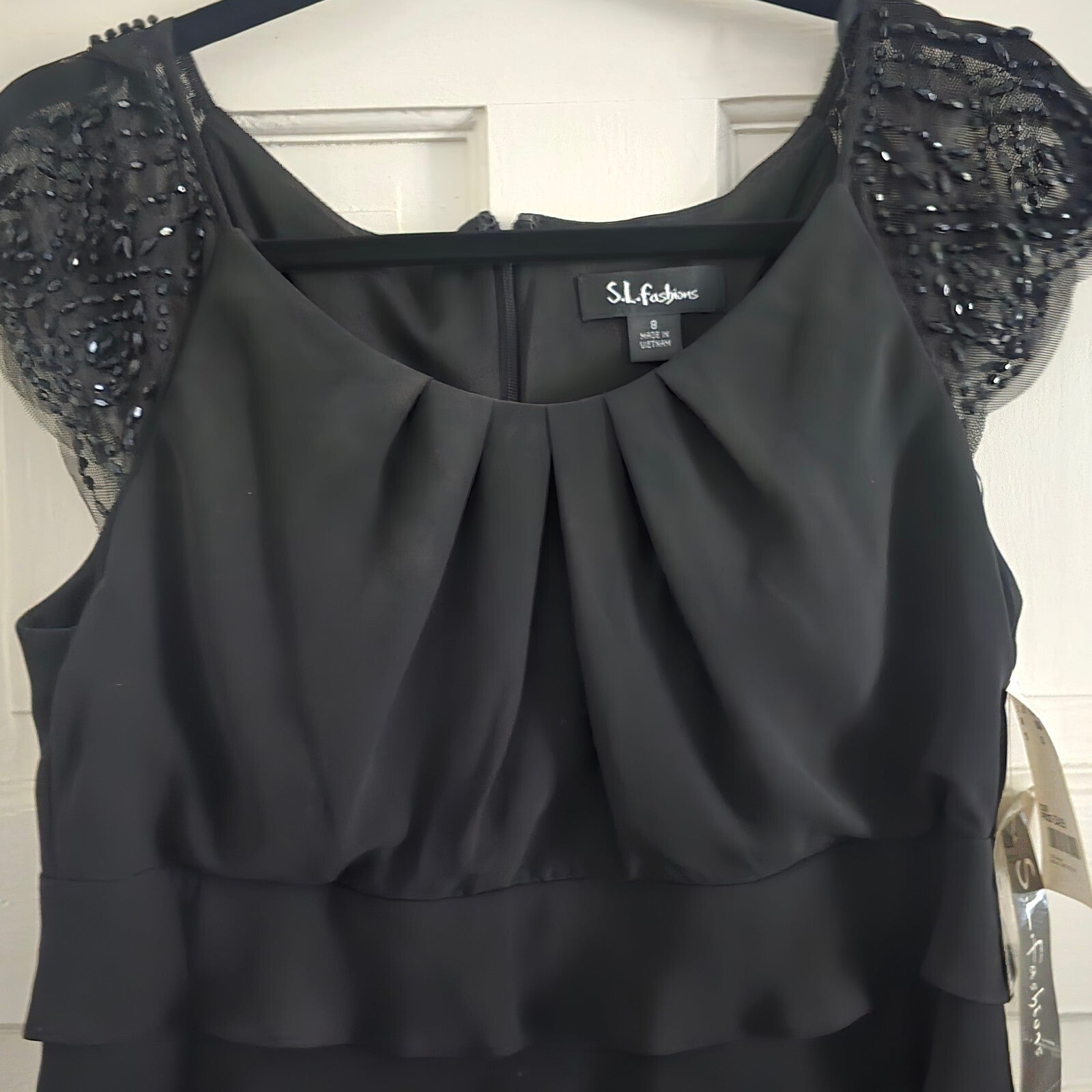 Black Tiered Ruffle Dress with Beaded Lace Cap Sleeves UK Size 12, BNWT