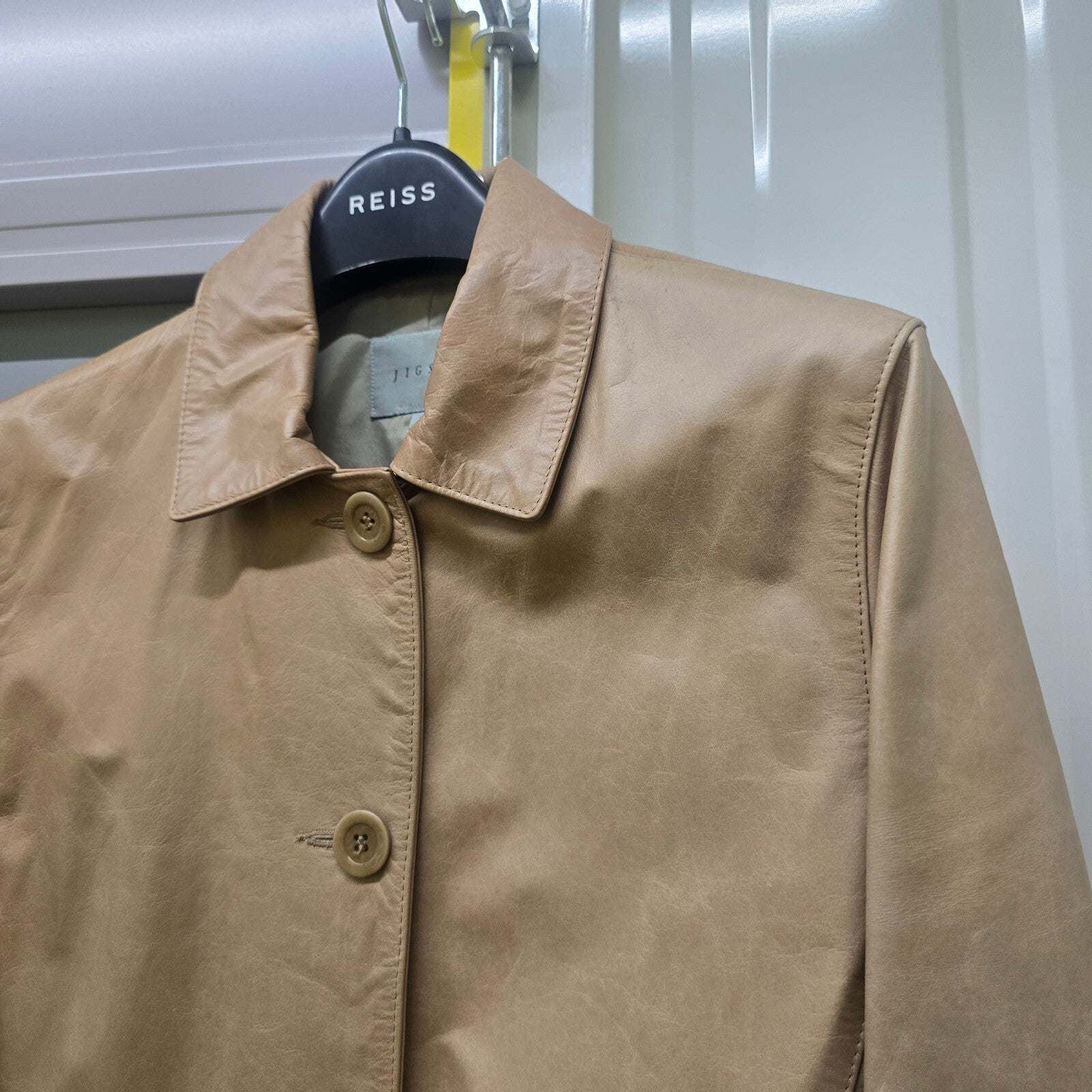 Jigsaw Vintage Beige 100% Leather Long Coat with Lining, size 8