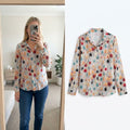 Lightweight Long Sleeve Shirt Blouse with Autumn Leaf Print, Size XL