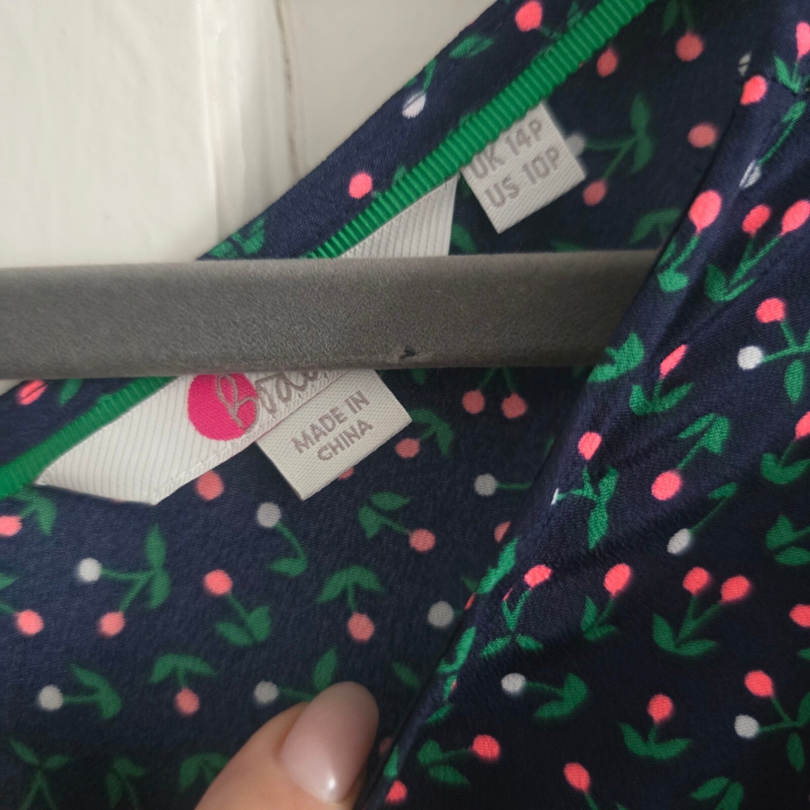 Boden Cynthia Navy spotty cherry print lightweight ruffle hem mini dress, 14P