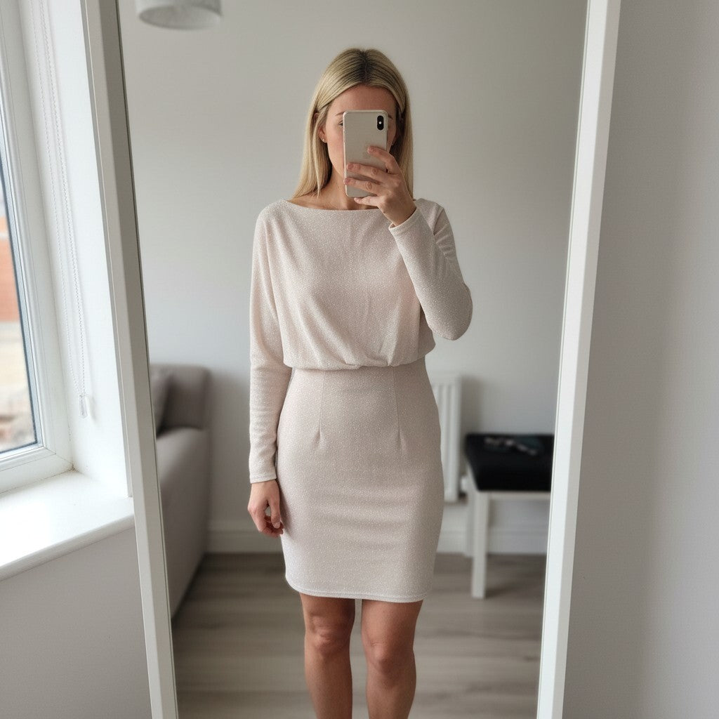 Boohoo NIGHT pink glitter lurex long sleeve jersey mini dress, size 10