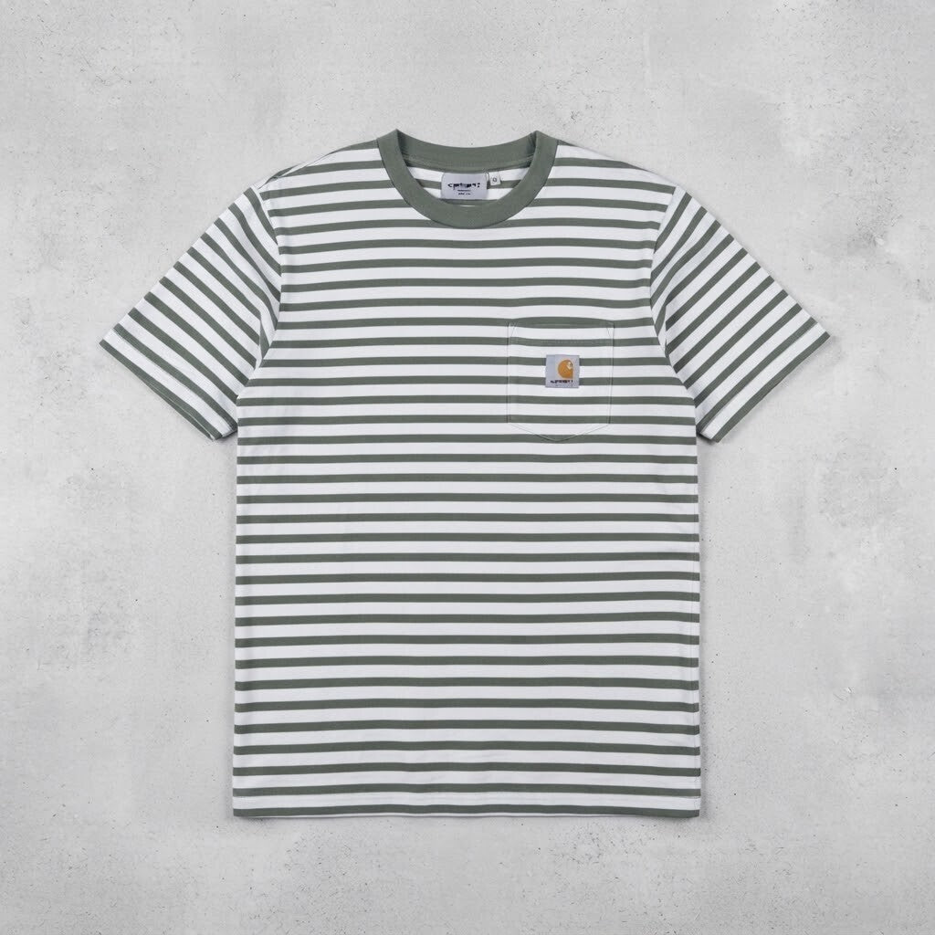 Carhartt Work In Progress S/S Seidler Pocket T-Shirt in Green and White Stripes,