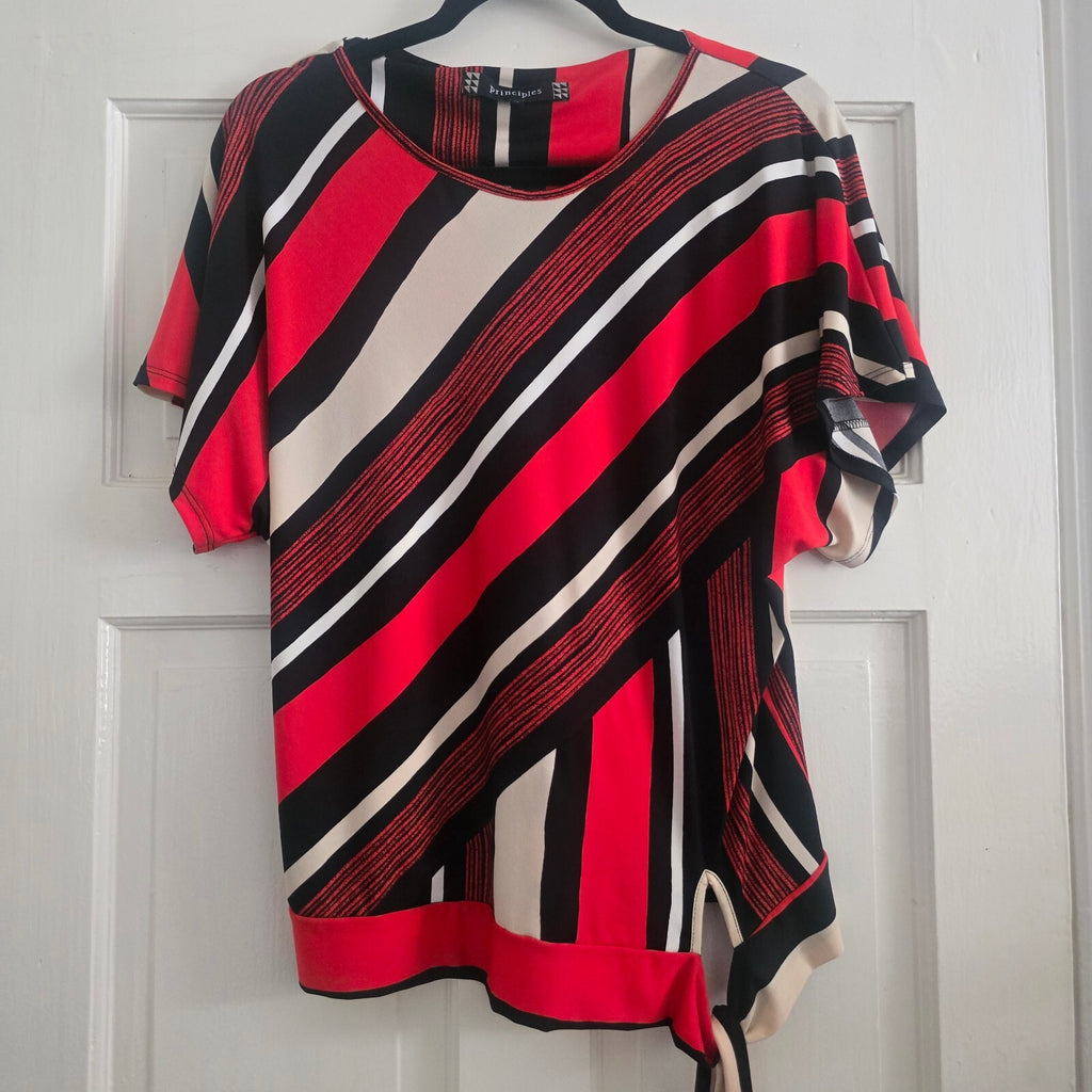 Principles Women's Red, Black, and Beige Striped Short Sleeve Top Size 12