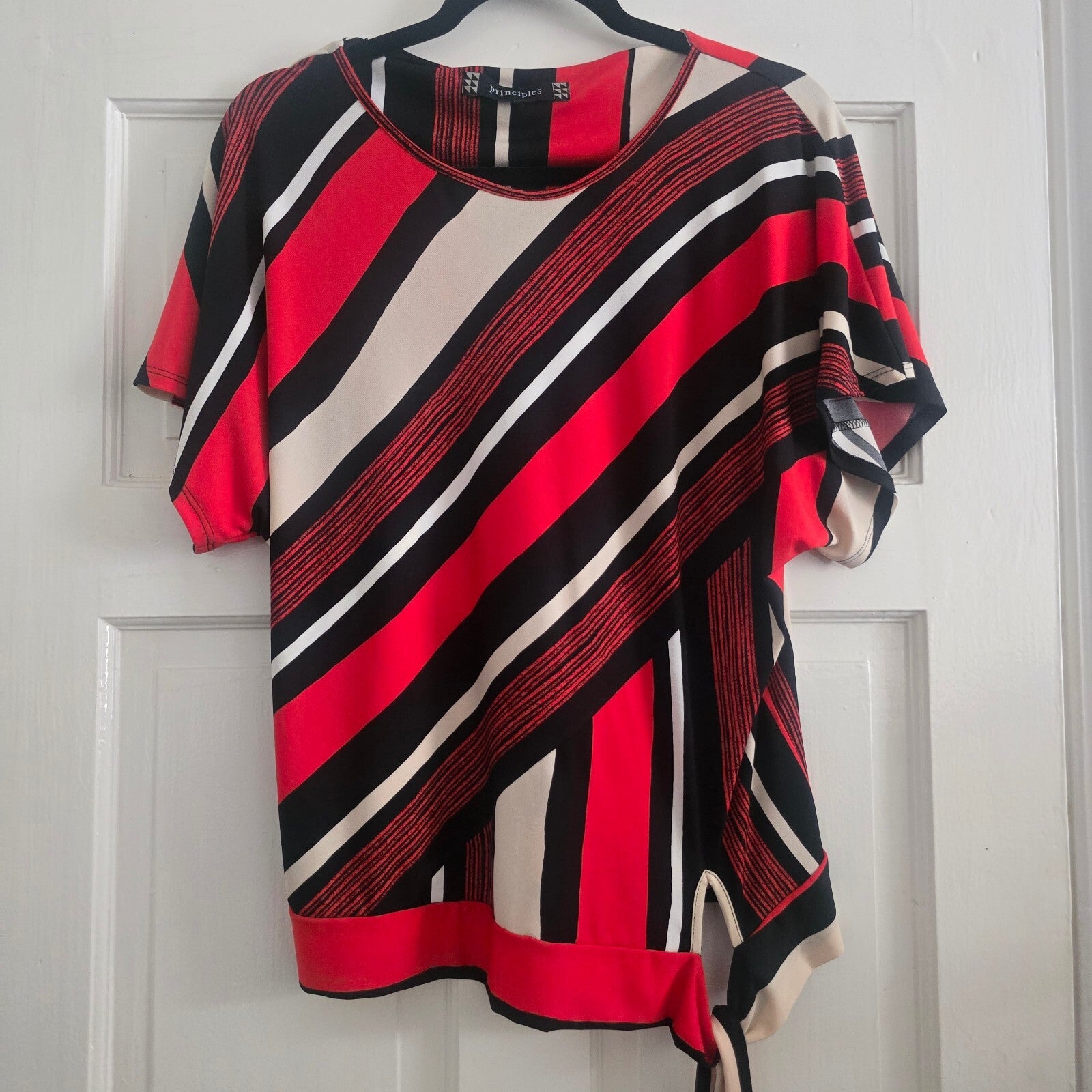 Principles Women's Red, Black, and Beige Striped Short Sleeve Top Size 12
