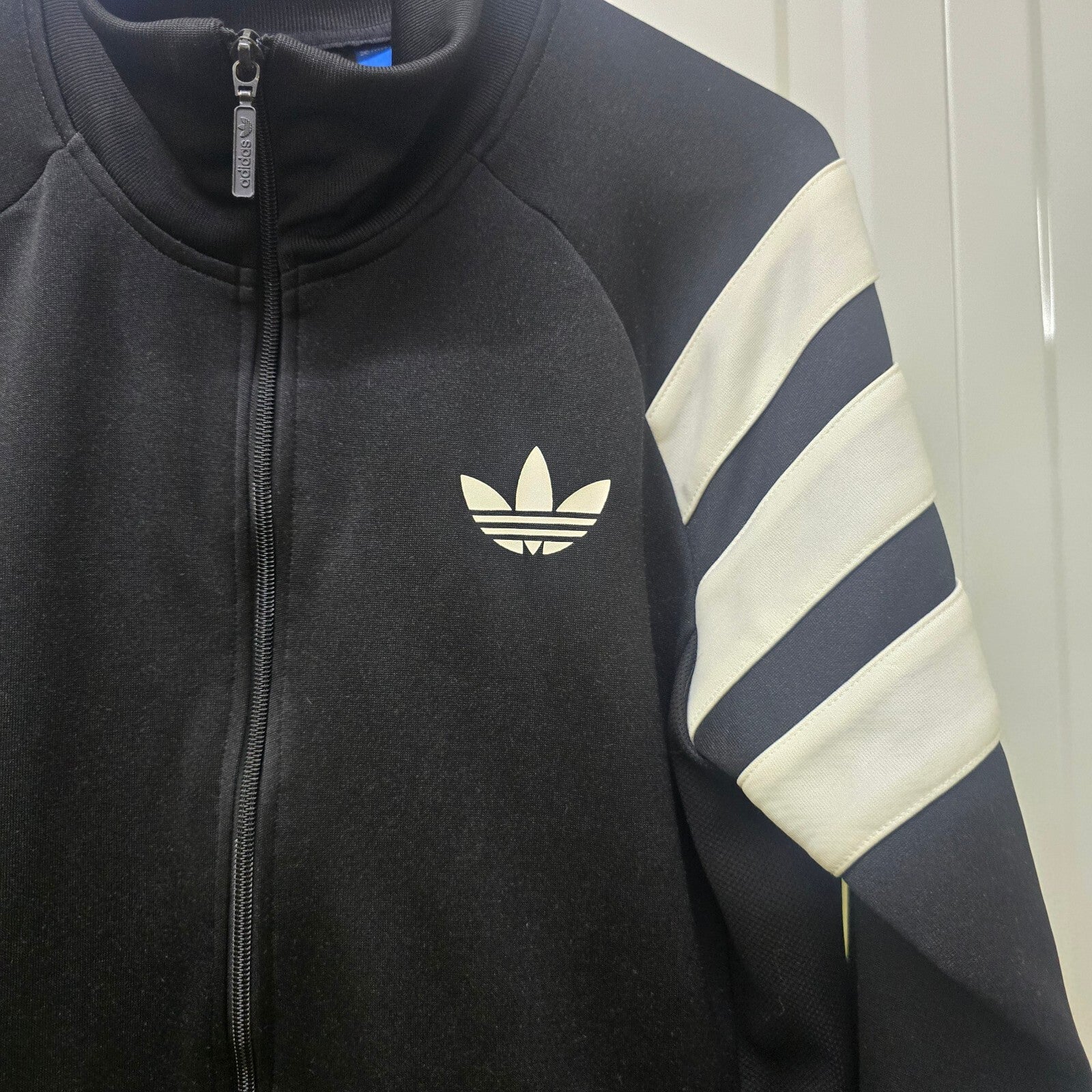 Adidas Originals Vintage Black Track Jacket, White Striped Sleeves, Trefoil Logo