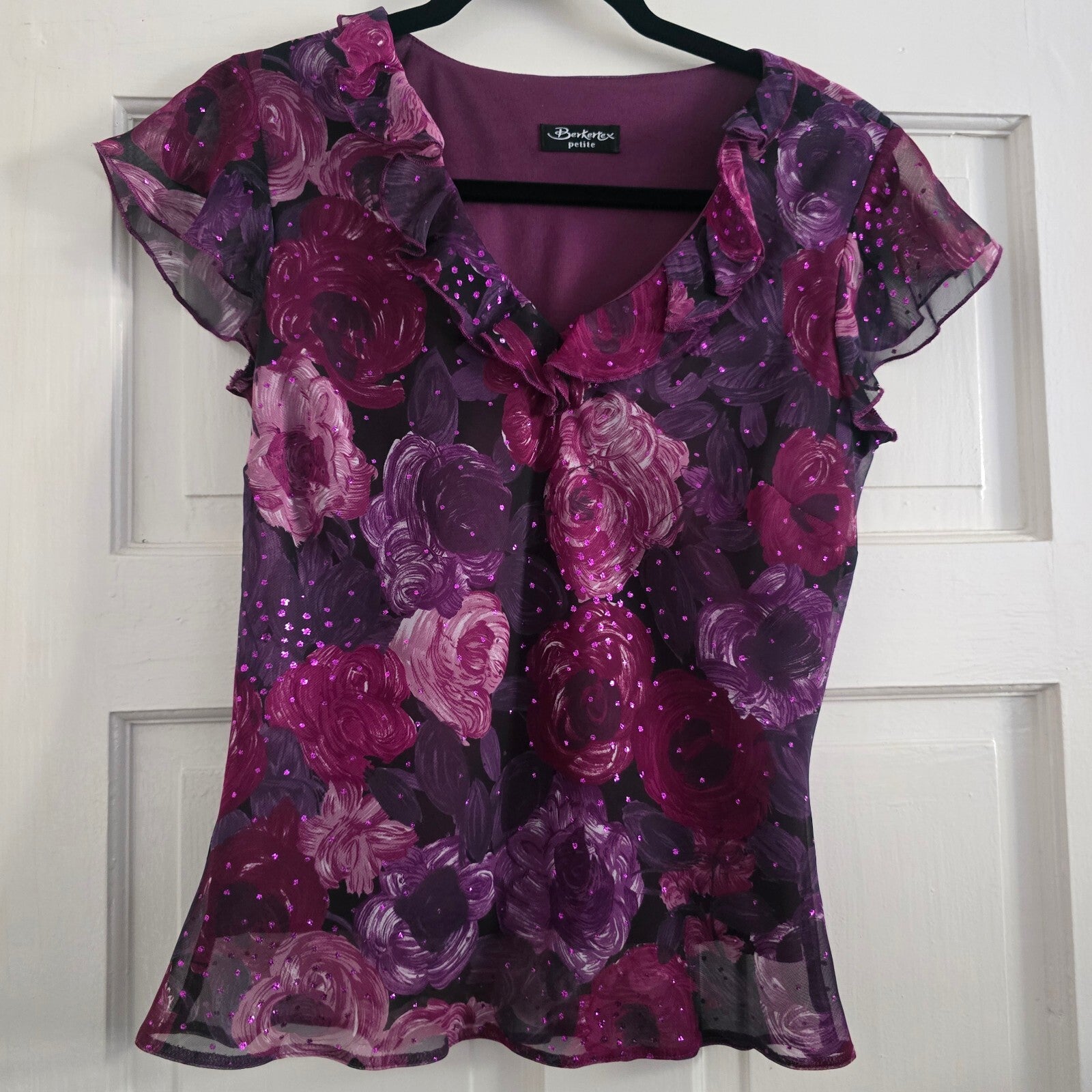 Berkertex Petite Floral Sheer Ruffle Sleeve Top Size 12, lightweight, vintage