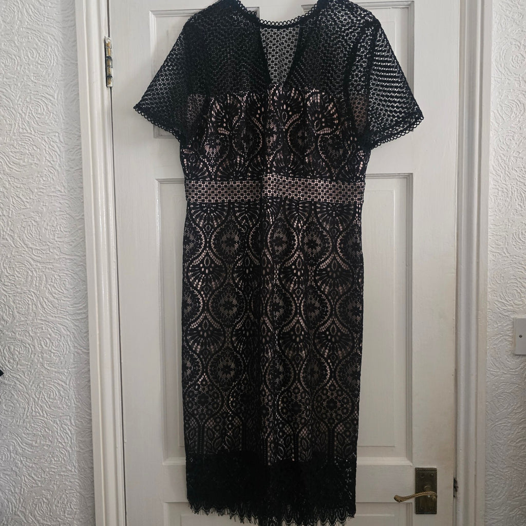 Elegant Black Lace Midi Dress with Nude Underlay and Zip Back, UK 16