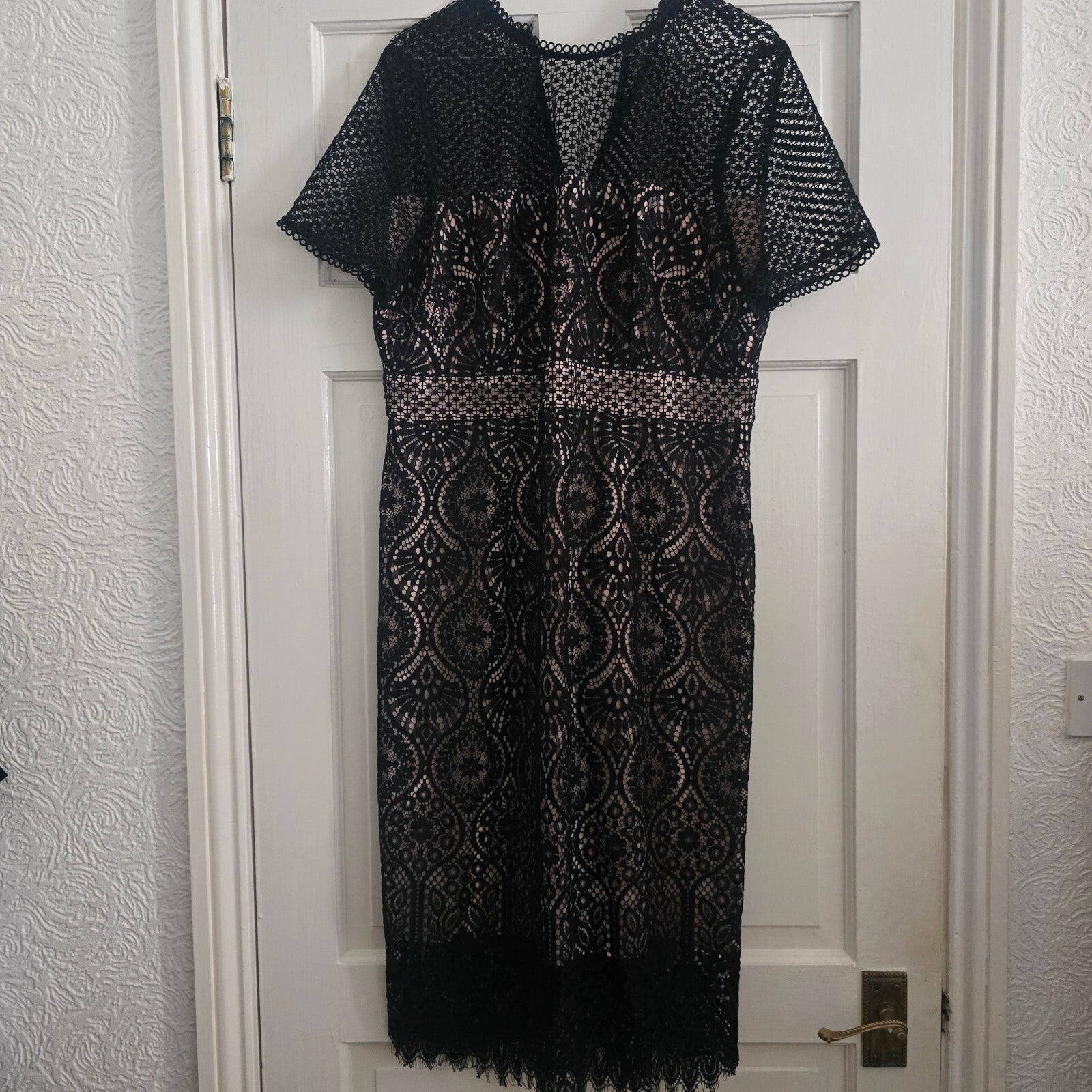 Elegant Black Lace Midi Dress with Nude Underlay and Zip Back, UK 16