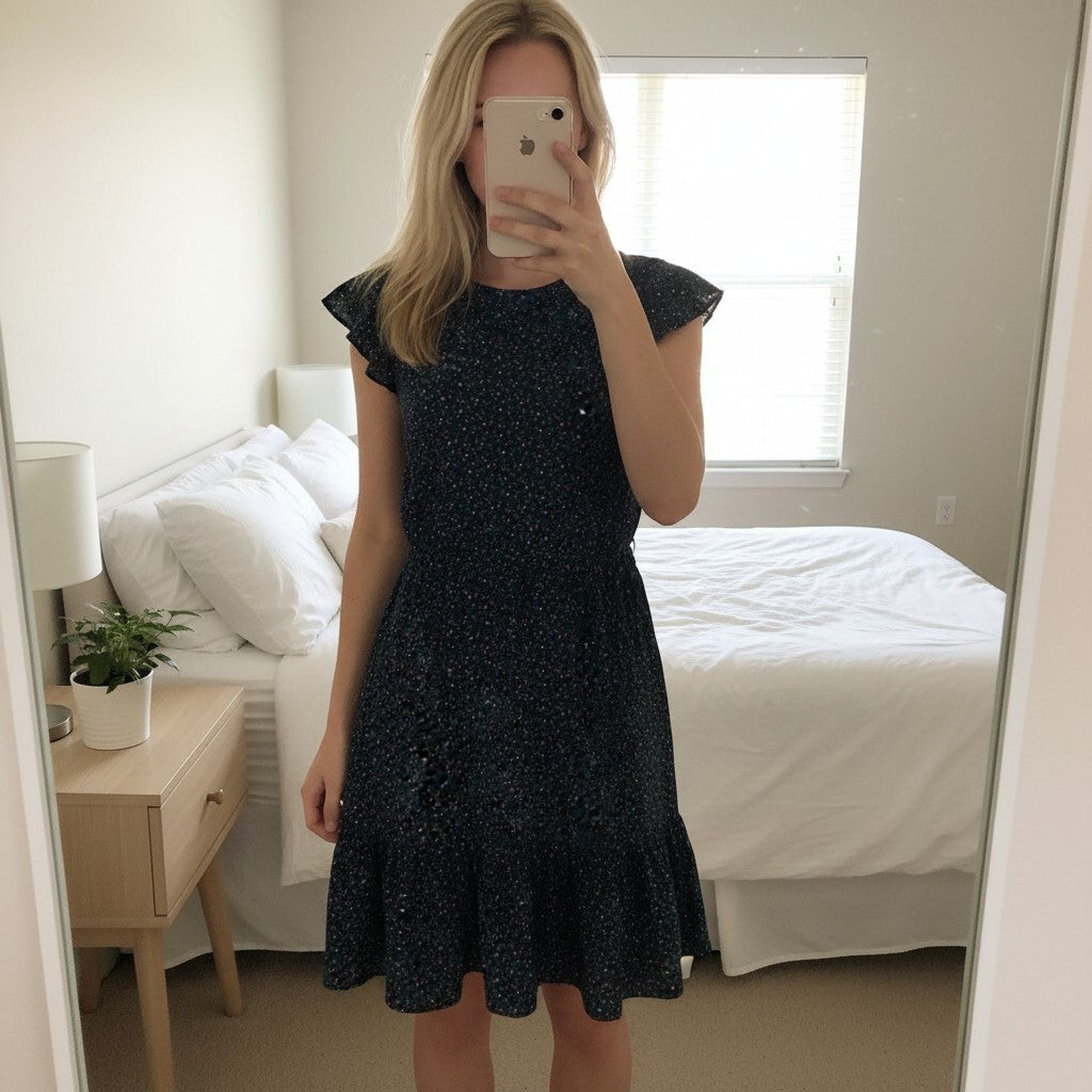 Boden Cynthia Navy spotty cherry print lightweight ruffle hem mini dress, 14P