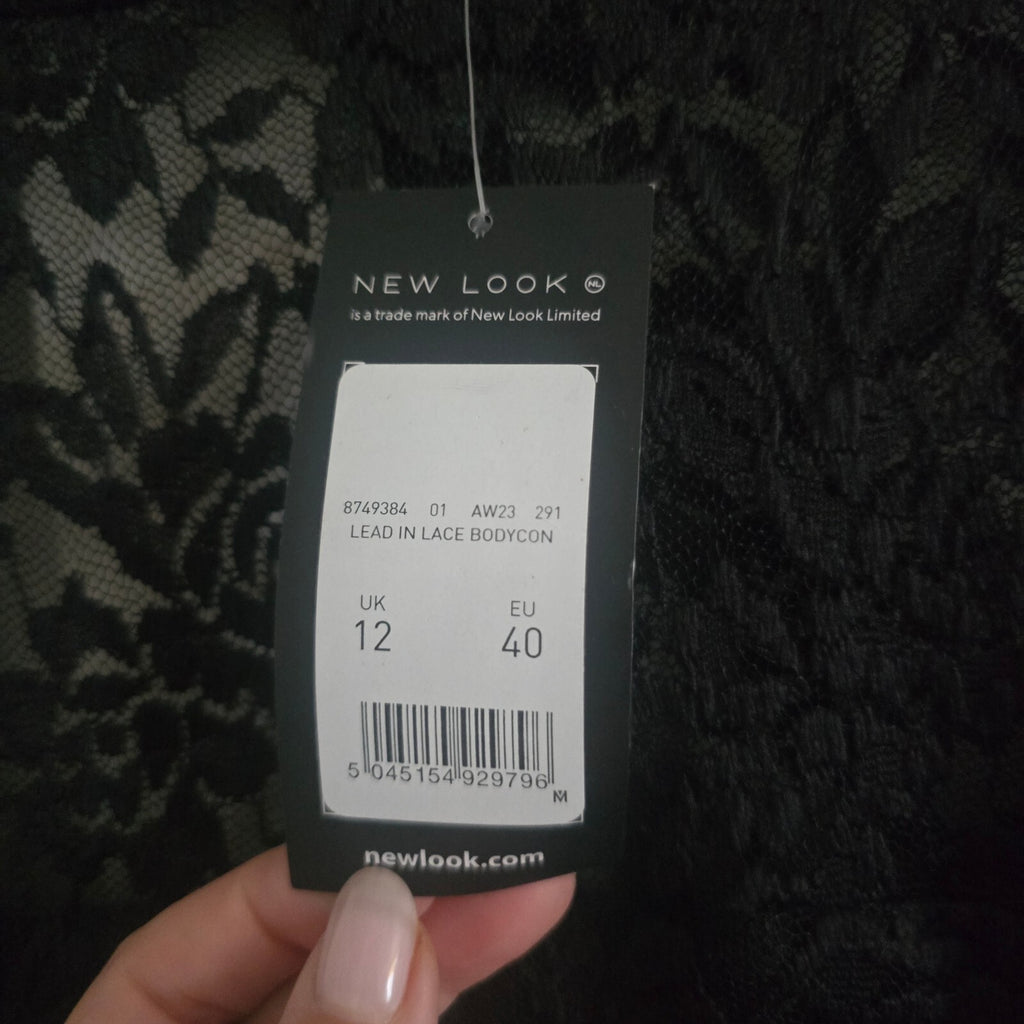 New Look Black Lace Long Sleeve Mini Bodycon Dress, cut out back, BNWT size 12