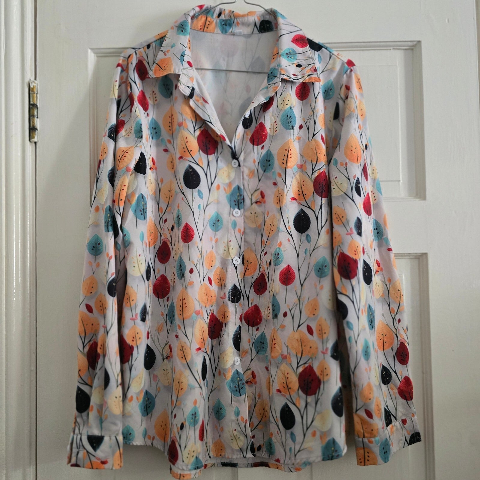 Lightweight Long Sleeve Shirt Blouse with Autumn Leaf Print, Size XL